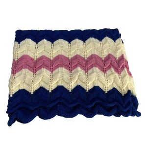 Handmade Hand Crochet Spring Chevron Cream/Nay/Pink Boho Cottagecore Blanket